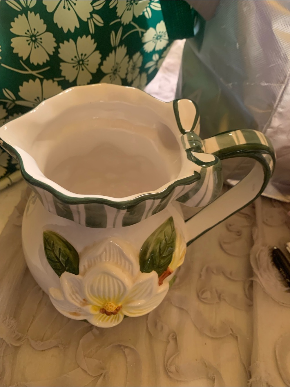 Decorative White Floral Pitcher with Green Accents - Home Art